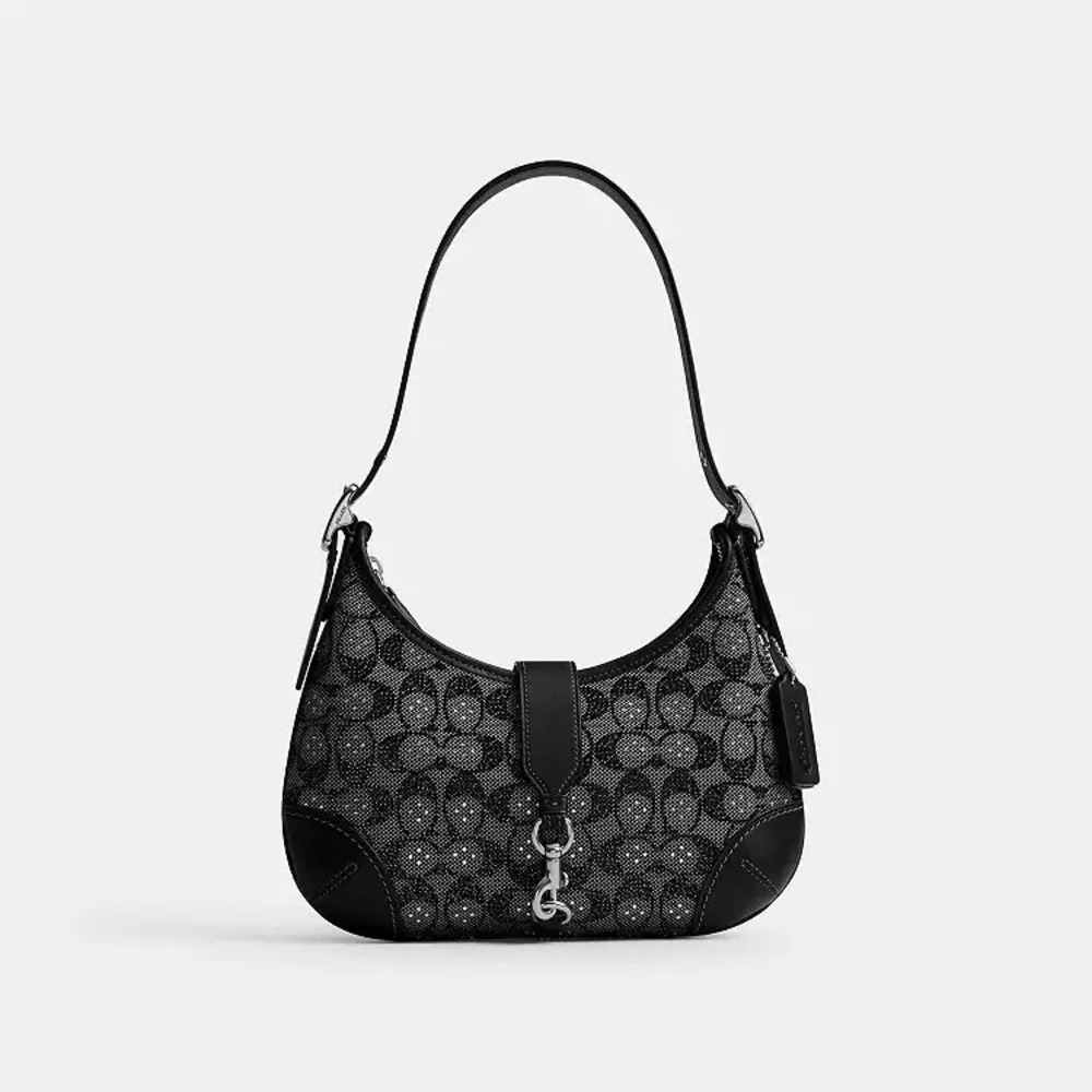 Coach Hamptons Hobo Bag in Crystal Signature Jacquard Brand New Black and Silver